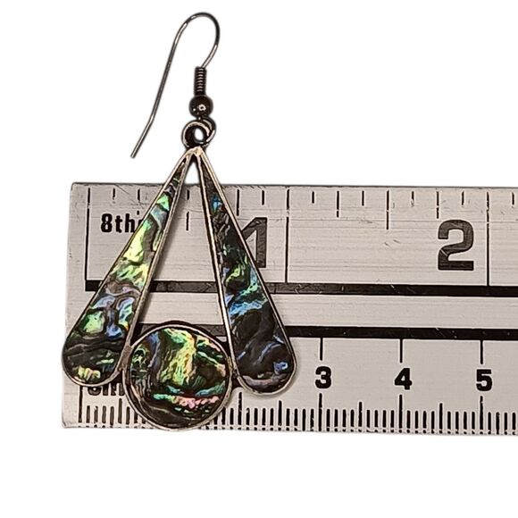 Vintage Alpaca Mexico Silver Abalone Mother of Pearl Pierced Earrings Fan Shaped - Picture 8 of 8